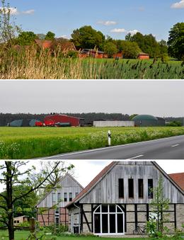 Bild zeigt drei Bildausschnitte zu exemplarischen Bauten im ländlichen Raum. Bild1: Hofanlage im Münsterland. Bild2: Biogasanlage im Münsterland.Bild 3: Umgenutzte Scheuenen zu Wohnhäusern einer ehemaligen Hofanlage. (vergrößerte Bildansicht wird geöffnet)